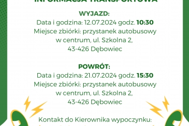 Informacja transportowa Kolonia Ełk 12.07.2024 - 21.07.2024